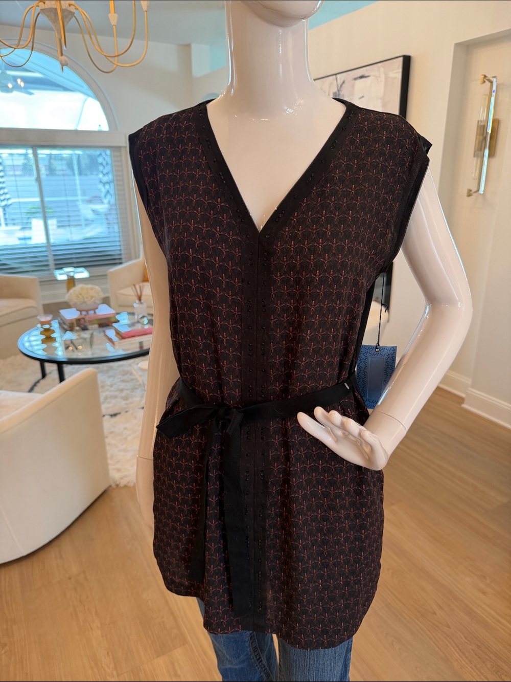 Simply Vera Vera Wang Black Tunic with Pink Geometric Print and Black Crystals
